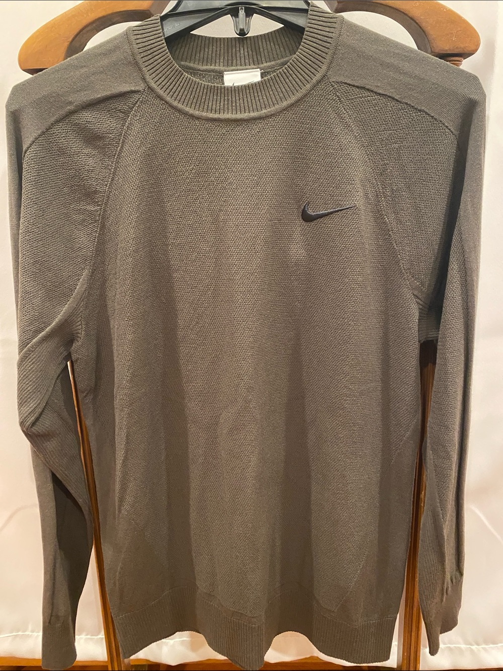Nike Olive Green Multi-texture Long Sleeve Crewneck Shirt with Black Swoosh